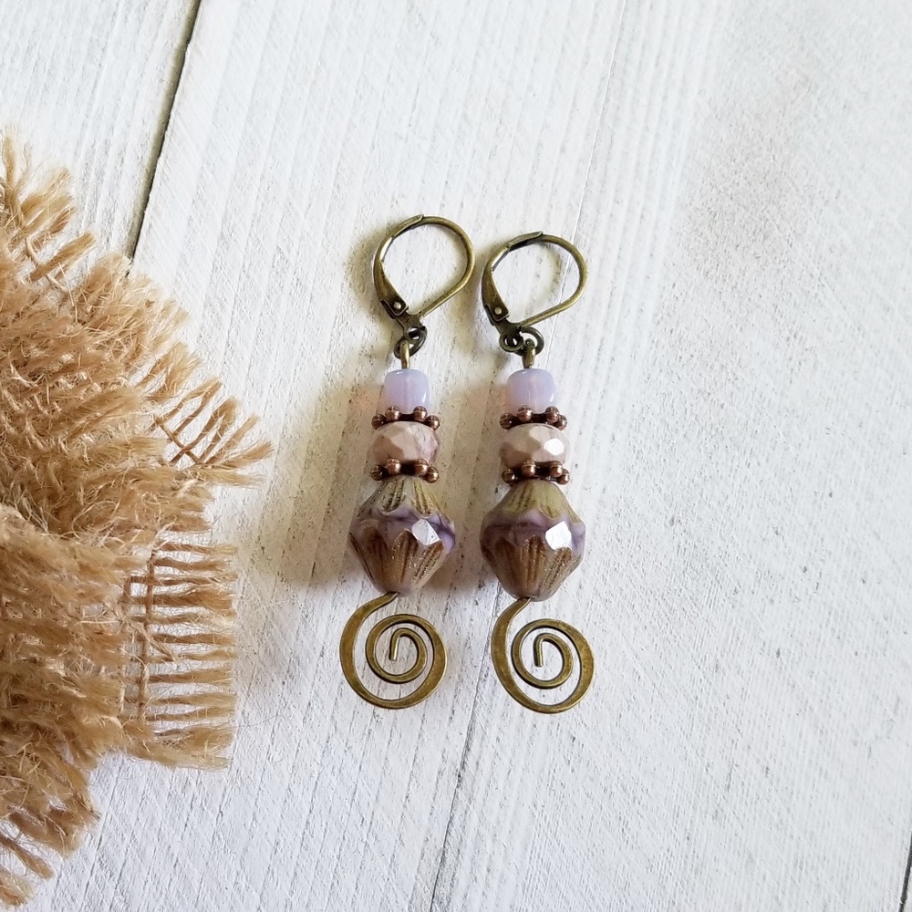 Lavender and Pink Czech Glass and Jasper Earrings